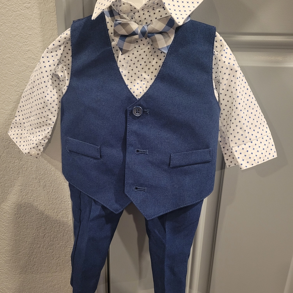 Baby Boy Tuxedo Blue Vest and Pants Set with Polka Dot Shirt and Bow Tie